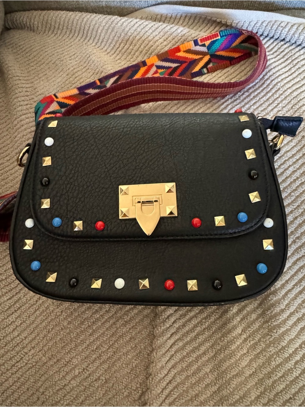 Black Studded Crossbody Bag with Colorful Strap